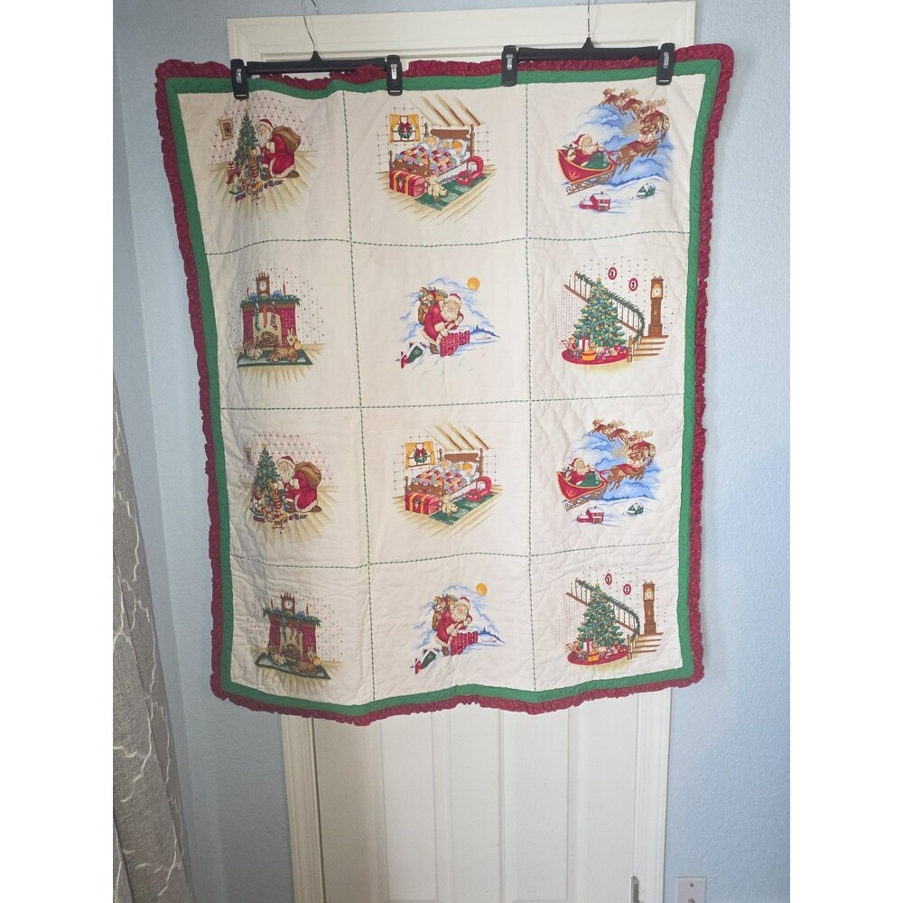 Vintage Christmas Quilt Baby Crib Blanket Santa Reindeer Night Before Christmas
